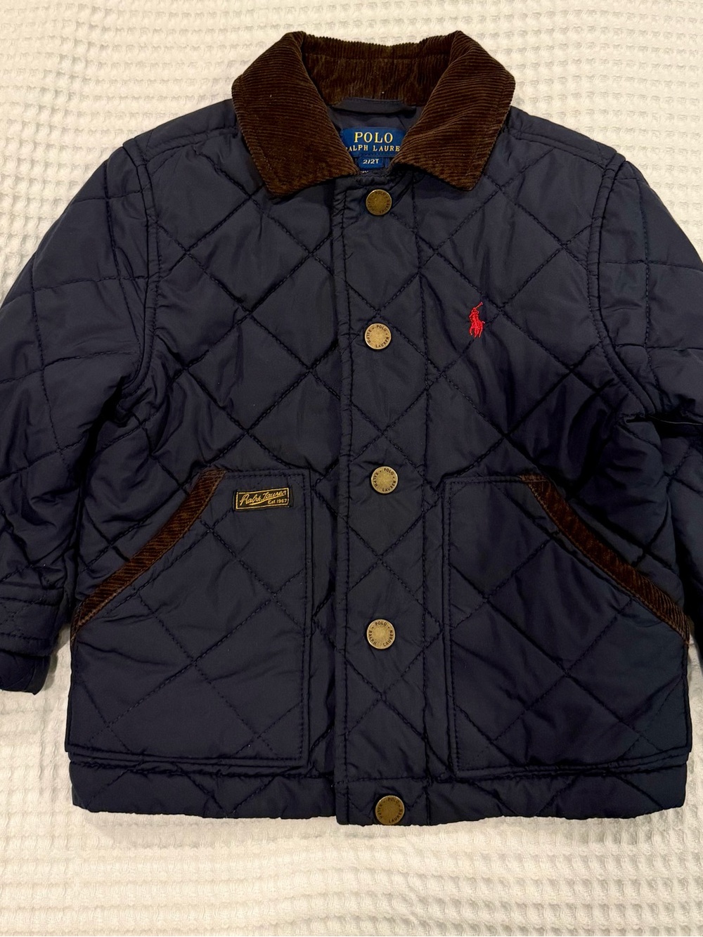 Polo by Ralph Lauren Navy Quilted Kids Puffer Jacket with Brown Corduroy Trim